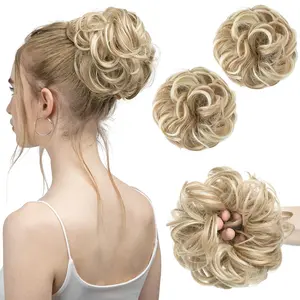 2PCS Messy Hair Bun Hair Pieces Wavy Curly Synthetic Updo Fake Scrunchies Ponytail Extension for Women Dirty Blonde