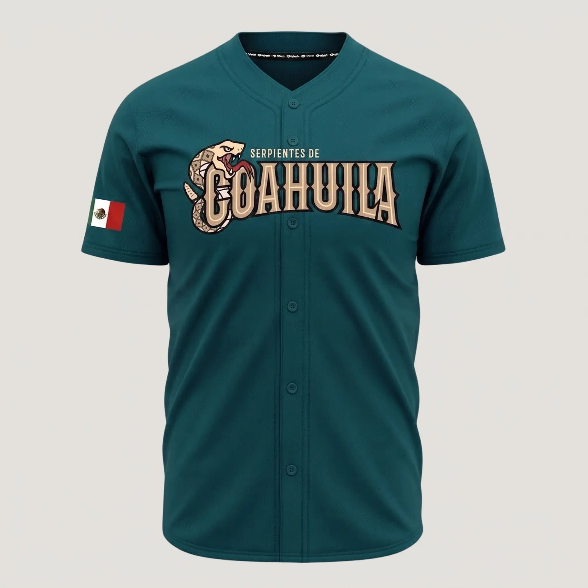 Serpientes de Coahuila Pine Green Baseball Jersey – Mexico Heritage Snake Graphic Button-Up Sports Shirt, Mexican Pride Fan Apparel, Lightweight Athletic Game Day Jersey