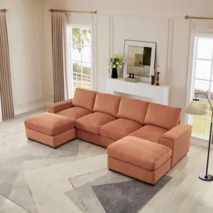 122" U-Shaped Sectional Sofa with Movable Ottomans and Arm Storage, Modular Couch with Solid Wood Frame and High-Density Sponge Cushions, Corduroy Fabric Upholstered 4-Seat Sofa for Living Room, Apartment