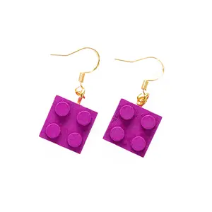 LEGO® Compatible Wooden Brick 2x2 Dangle Earrings - Purple | Eco-Friendly Jewelry