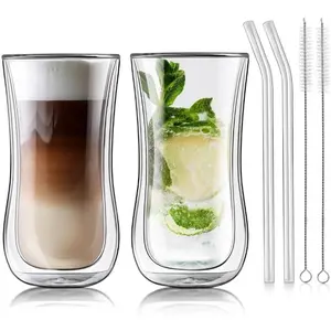 Glass Double Walled  Drinking Glasses Tumbler, Double Layer Tall Borosilicate Insulated Water  Glass Cups, Double Lined Thermo  Coffee Hot Beverage Glassware 12 oz, Set of 2