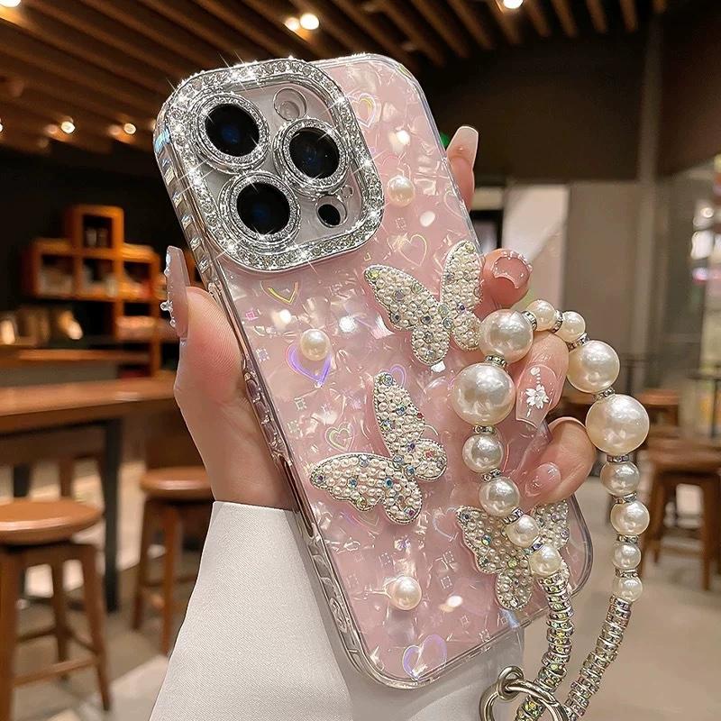 Compatible with iPhone 17 Pro Max/ 16/15/14/13 Shell pattern hand pearl bow phone case-HN312-2