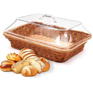 Thanksgiving Wicker Large Bread Basket for Serving with Acrylic Lid Woven Rectangular Imitation Rattan Fruit Basket with Cover Food Display Tabletop Christmas Kitchen