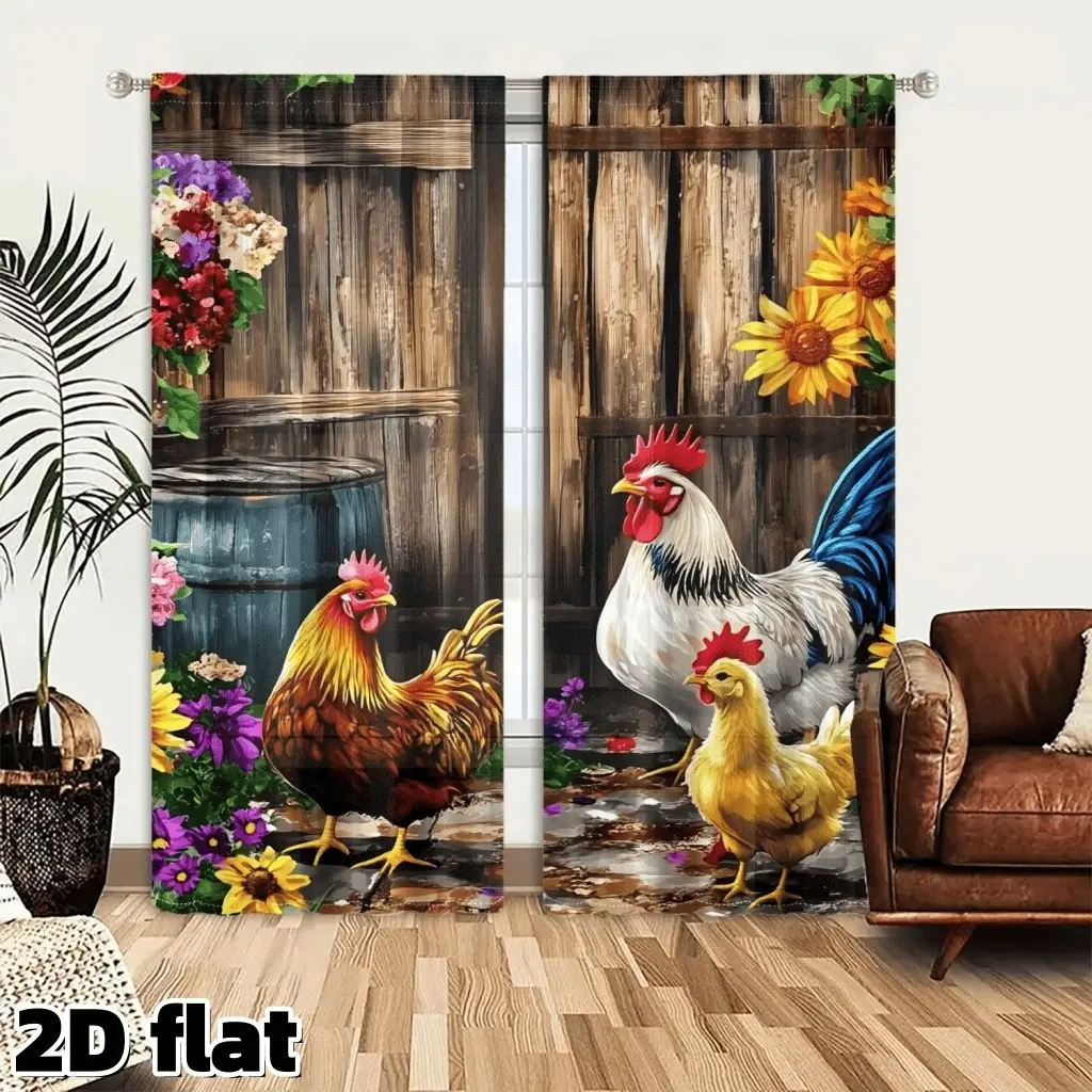 2-piece set - Country Farm Style Rooster and Flowers - Printed Semi-transparent Curtains, Sheer Printed Curtains, Rod-Hung Curtains, Suitable for Living Room, Bedroom, Home Decoration, Hand Washable, Hookless