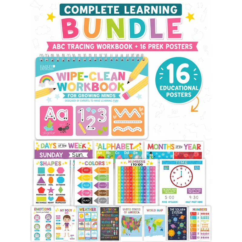 Hadley Designs Preschool Learning Bundle for Kids 3-5 - Set of 16 Educational Posters & Dry Erase ABC Letter Tracing Workbook