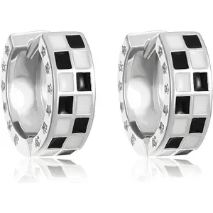Checkered Earrings for Women Small White Black Enamel Checkered Hoop Earrings