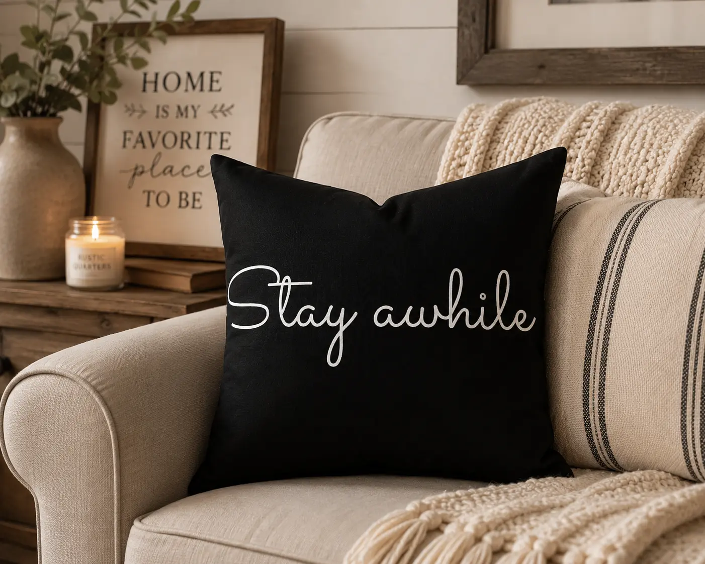 "Stay Awhile" Farmhouse Throw Pillow | Linen-Look Accent Pillow