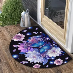 1Pc Blue Butterfly, Purple Flowers Print Semi-Circular Mat, Washable Rugs, For Entrance Door, Bathroom, Living Room, Laundry Room, Home Decor And Accessories, Soft, Non-Slip, Easy To Clean And Maintain, Gifts For Friends, Birthday Gifts, Holiday Gifts,Chr