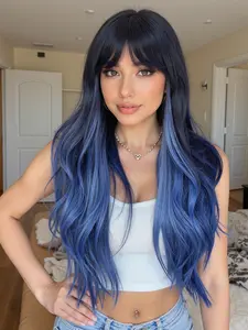 26 Inch Blue Gradient Layered Women's Wig Long with Bangs, Cosplay Halloween Christmas Synthetic Hair, Versatile Fit All Face Shapes, Wavy Ombre Wig