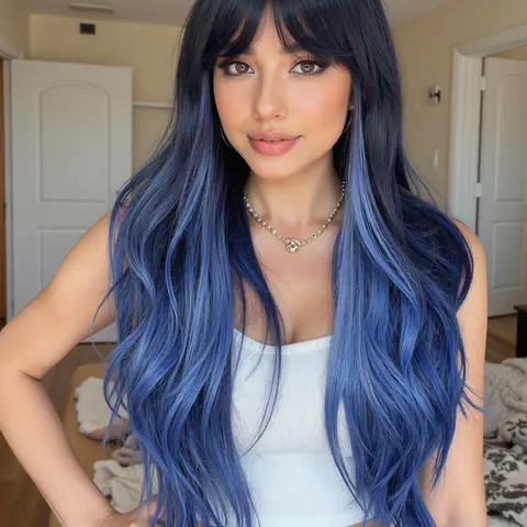 26 Inch Blue Gradient Layered Women's Wig Long with Bangs, Cosplay Halloween Christmas Synthetic Hair, Versatile Fit All Face Shapes, Wavy Ombre Wig, Synthetic Wigs