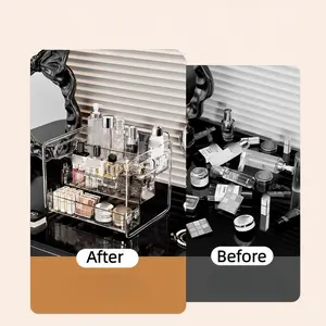 Transparent acrylic three-layer large-capacity cosmetics display stand, layered design.