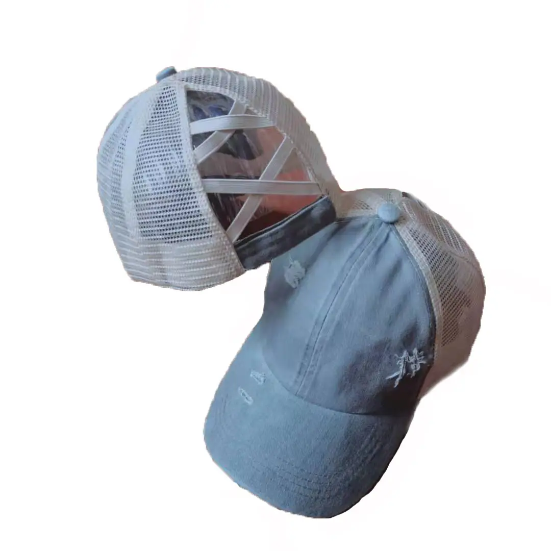 Summer Adjustable Criss-Cross Washed DenimPonytail Cap for Women-Sun Protection, VersatileBack-to-School Essential, Perfect for Beach &Campus Style