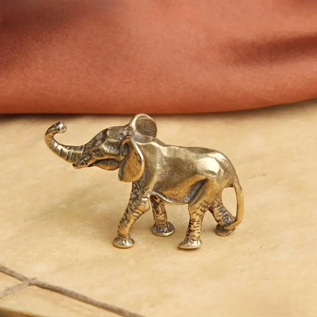 Vintage Solid Brass Mini Elephant Figurine, Hand Carved Raised Trunk Lucky Wealth Statue, Distressed Tiny Pocket Animal Sculpture, Retro Auspicious Feng Shui Ornament For Desk Tabletop Decor Birthday Housewarming Gift