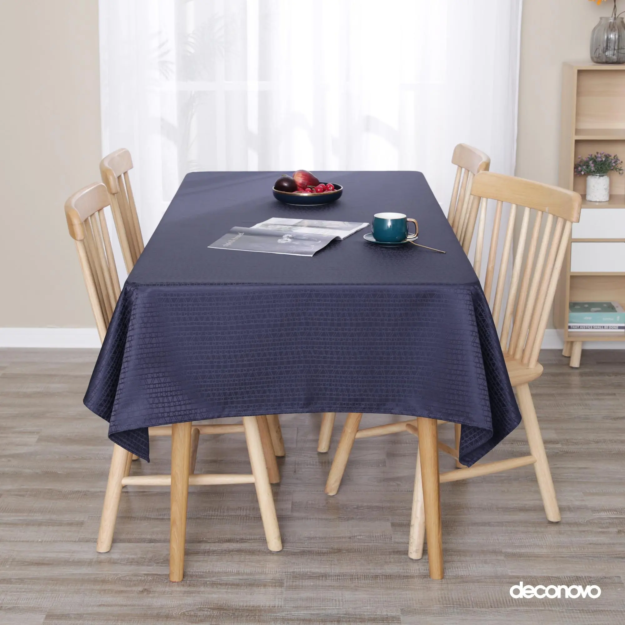 Deconovo Navy Blue Waterproof Jacquard Weave Rectangle Tablecloth - Yarn-Dyed Nature Motif Bean Branch Print, Durable All-Seasons Dining Room Decor Outdoor & Indoor Table Cover