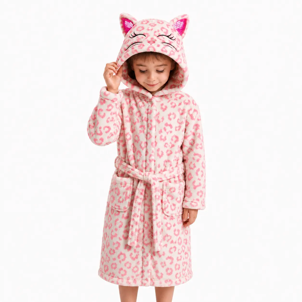 Girls Pink Leopard Cat Face Hooded Fleece Cozy Wear – Soft Plush Home Wear Ages 3-12 Soft Nightgown Sleepwear Nightgown