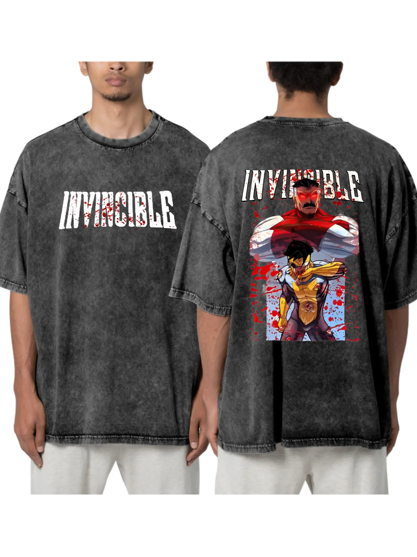 Invincible Omni-Man & Mark Grayson Blood Splash Graphic T-Shirt For Men Women Vintage Anime Superhero Series Fan Tee Casual Cotton Short Sleeve Streetwear Gift For Invincible Show Fans