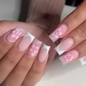24pcs Medium Square French Floral Nail Art Design Set, Easy Wear Acrylic Glossy False Nails, Stylish Acrylic Nails, Sweet European Style, Flower Nails, Perfect for Women & Girls