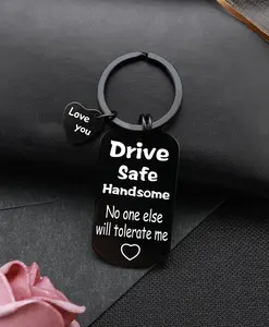 "Drive Safe Handsome" Engraved Keychain | Stainless Steel Dog Tag (1.97x1.1in) with "No One Else Will Tolerate Me" Phrase & Love You Heart Charm | Durable Black Plated | Perfect Gift for Boyfriend/Husband, Drivers to Show Love & Sweet Humor