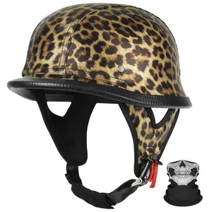 KAESE Vintage German Style Motorcycle Half Helmet DOT Approved Leather Open Face Biker Lid with Free Skull Face Mask