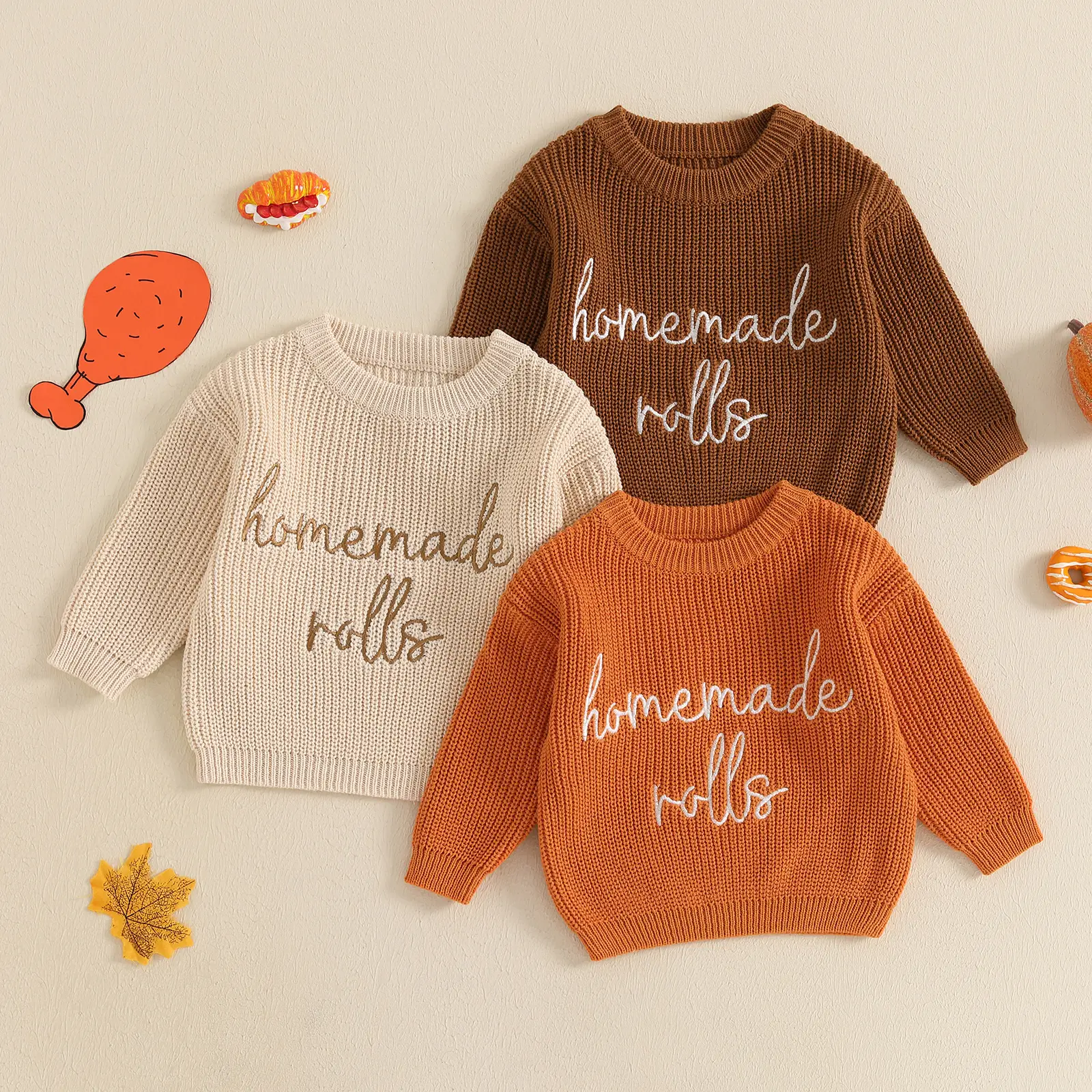 Thanksgiving Baby Girl Boy Outfit Toddler Homemade Rolls Letter Embroidery Sweater Knit Sweaters Fall Winter Clothes
