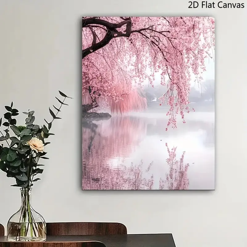 1pc Artistic Pink Cherry Blossom Tree 2D Flat Canvas Wall Art - Waterproof, Fade-Resistant Printed Poster for Home Supplies, Juneteenth-Canada Day Decor, Wardrobe Accent Room Decoration Unique Holiday Gift