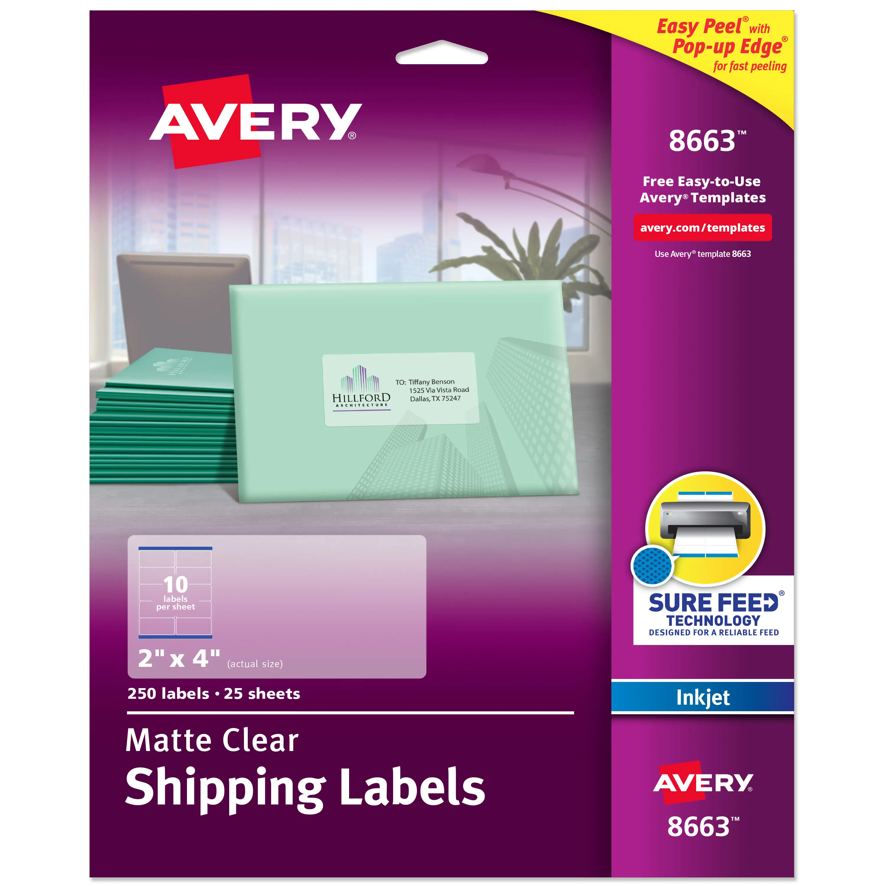 Avery Easy Peel Printable Shipping Labels with Sure Feed Technology, 2"x4" Customizable Matte Stickers, 250 Blank Labels for Inkjet Printers, Envelopes (8663)