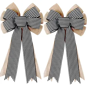 2 Pack Black White Stripe Burlap Fall Bows for Wreaths Decorations Rustic Farmhouse Crafts Bow Wrapping Tree Topper Wedding Holiday Birthday Party Wall Home Front Door