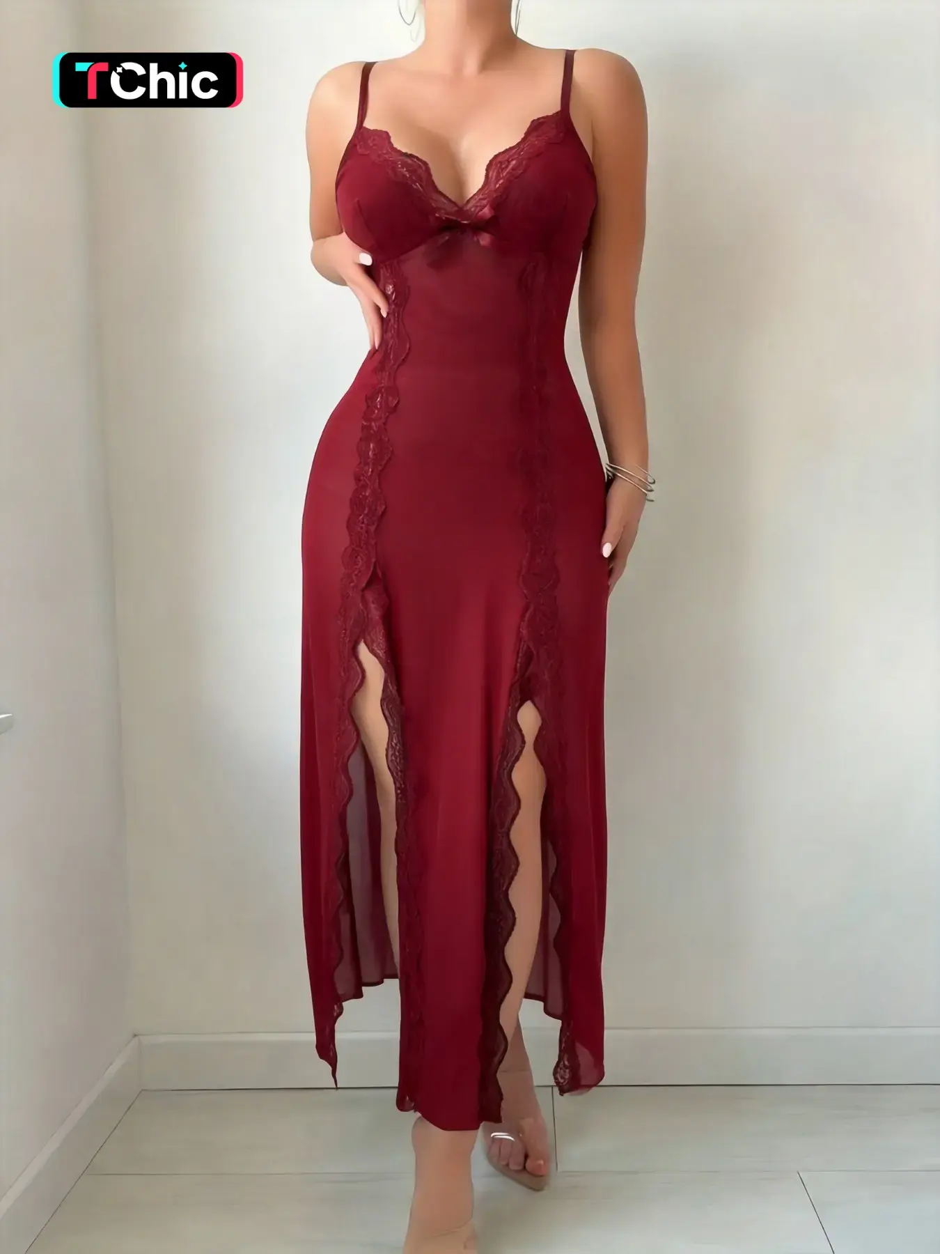 Women's Lace Sleepwear Mesh Backless Dress V Neck & Side Slit Design Tight Casual Wear Comfortable All Seasons