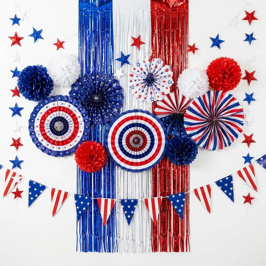Patriotic Festive Supplies Kit - Red White and Blue Holiday Ornaments with Paper Fans, Pom Poms, Star Flag Banner, Garland, Photo Backdrop for Labor Day, Veterans Day, USA Parties, Party Event Props