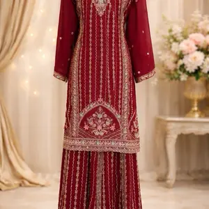 Chinon Silk Embroidered, free size, 38 ,42 , Designer Palazzo Suit which features detailed resham, zari Womenswear Long Sleeve