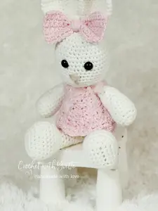 Handmade Crochet Amigurumi Bunny Plush – White Stuffed Bunny with Pink Dress Nursery Decor (15–16 in)