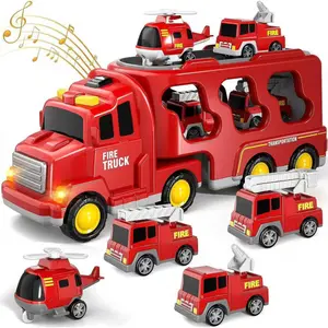 5-In-1 Inertia Engineering Vehicle Toy Transport Set, Police Car, Fire Truck, Ambulance, Construction Vehicles, Lights & Sounds, Safe Material