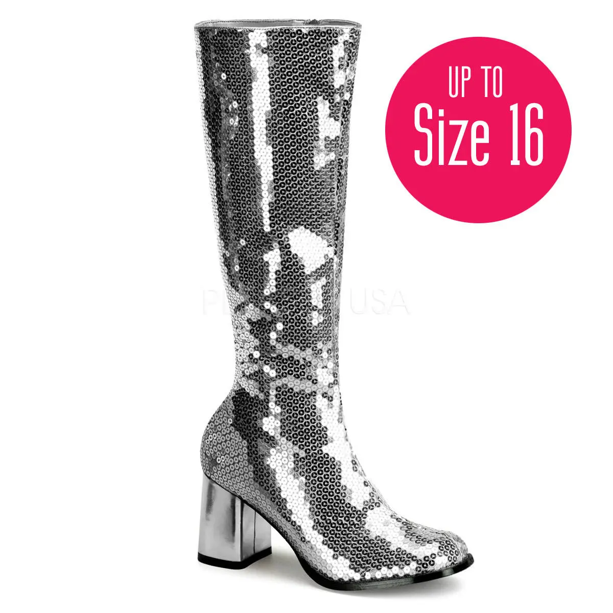 Women's Silver Sequin Mid-Calf Boots - Spectacul-300SQ Style, 3 in Block Heel, Inner Side Zipper, Fashion Footwear, Statement Shoes, Sequins
