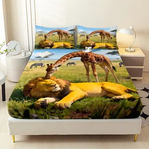 3pcs Lion Giraffe Fitted Sheet Set All Seasons Decorative Mattress Cover Animal Mattress Protector Boho Bedding Set Bedroom Decor for Home Guest Room Decor 1 Fitted Sheet+2 Pillowcases Without Core