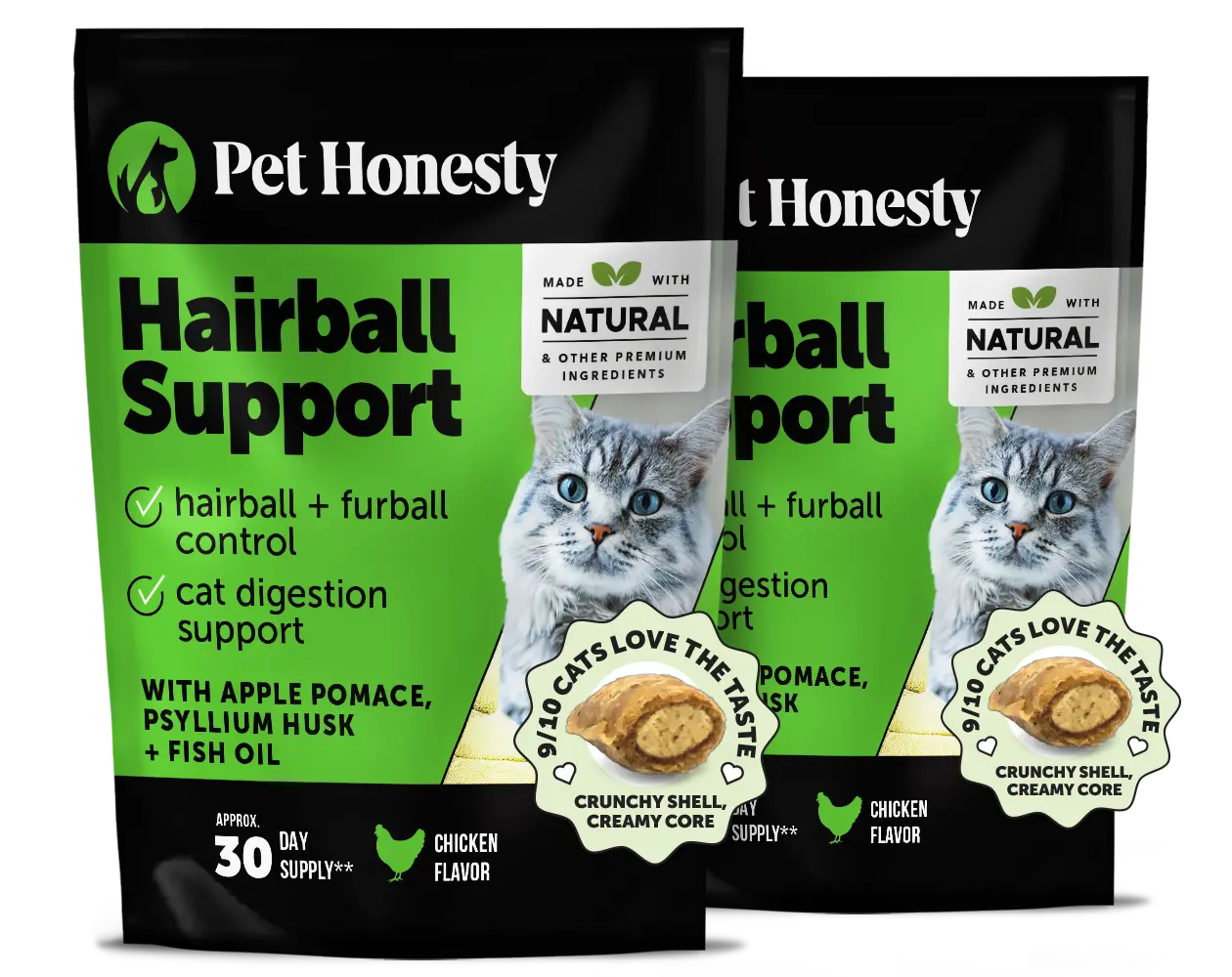 Pet Honesty Hairball Support Supplement for Cats 2-Pack (60 Day Supply), Tasty Treats with Psyllium Husk and Fish Oil for Healthy Skin + Coat and Digestive Health - Chicken