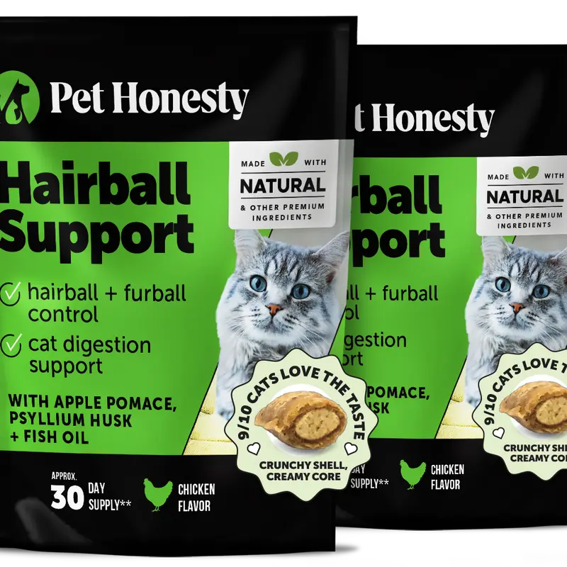 Pet Honesty Hairball Support Supplement for Cats 2-Pack (60 Day Supply), Tasty Treats with Psyllium Husk and Fish Oil for Healthy Skin + Coat and Digestive Health - Chicken
