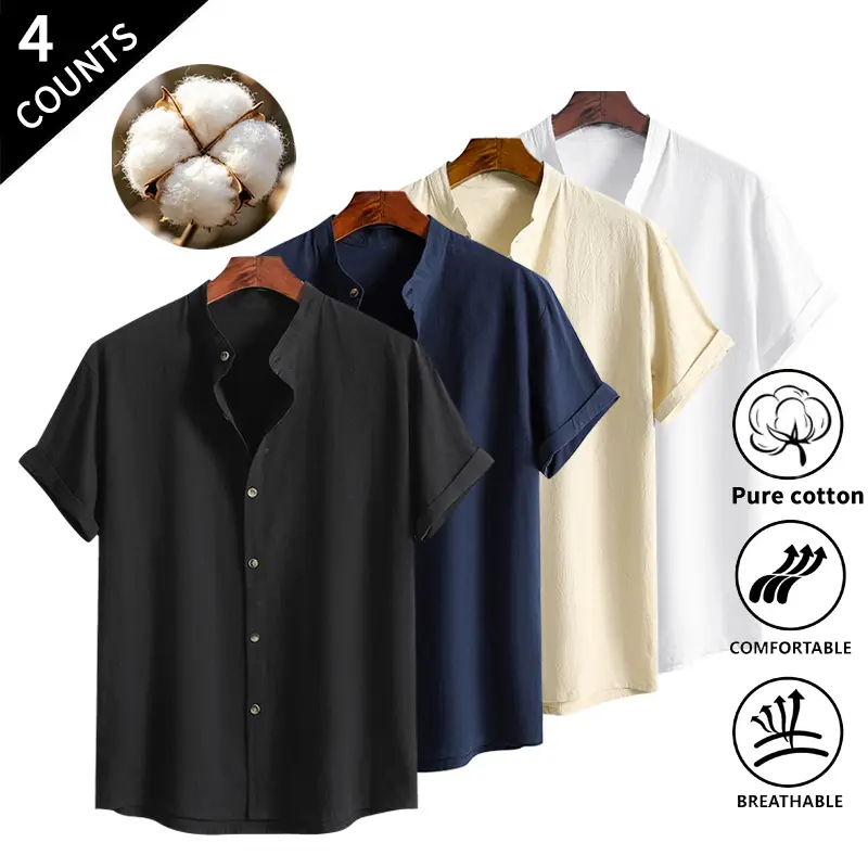 Summer Vibes 4-Pack Men’s Mandarin Collar Short Sleeve Button-Up Shirts, Breathable Solid Color Casual Summer Everyday Wear Tops