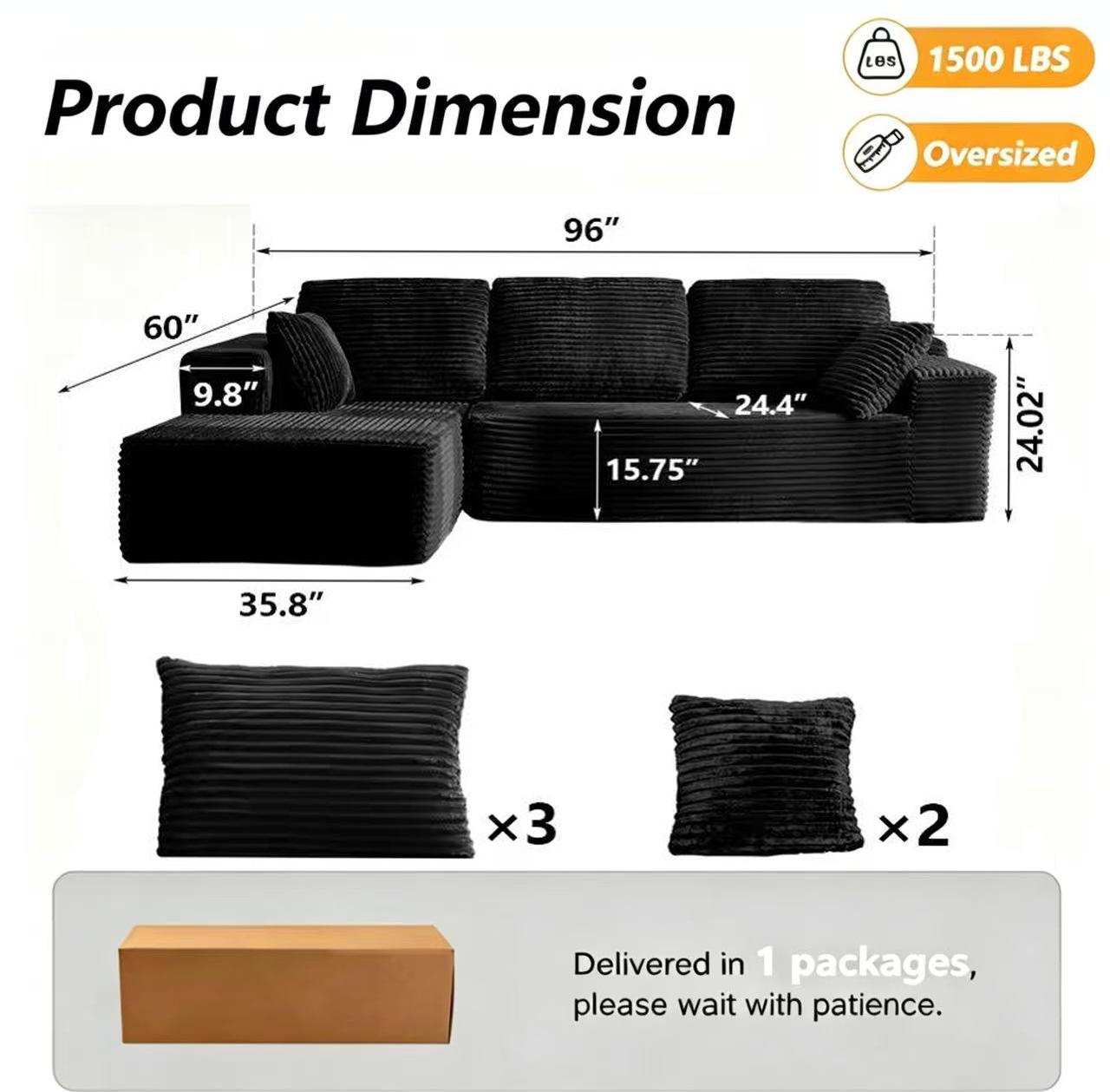 Modular Corduroy Cloud Couch Set - Boneless Sectional 3-Seat Convertible Sleeper Bed, Plush Oversized Chaise Loveseat with Soft Fabric, Blend Down Boneless Couches for Living Room Sofas, Indoor Apartment Furniture,summerwins