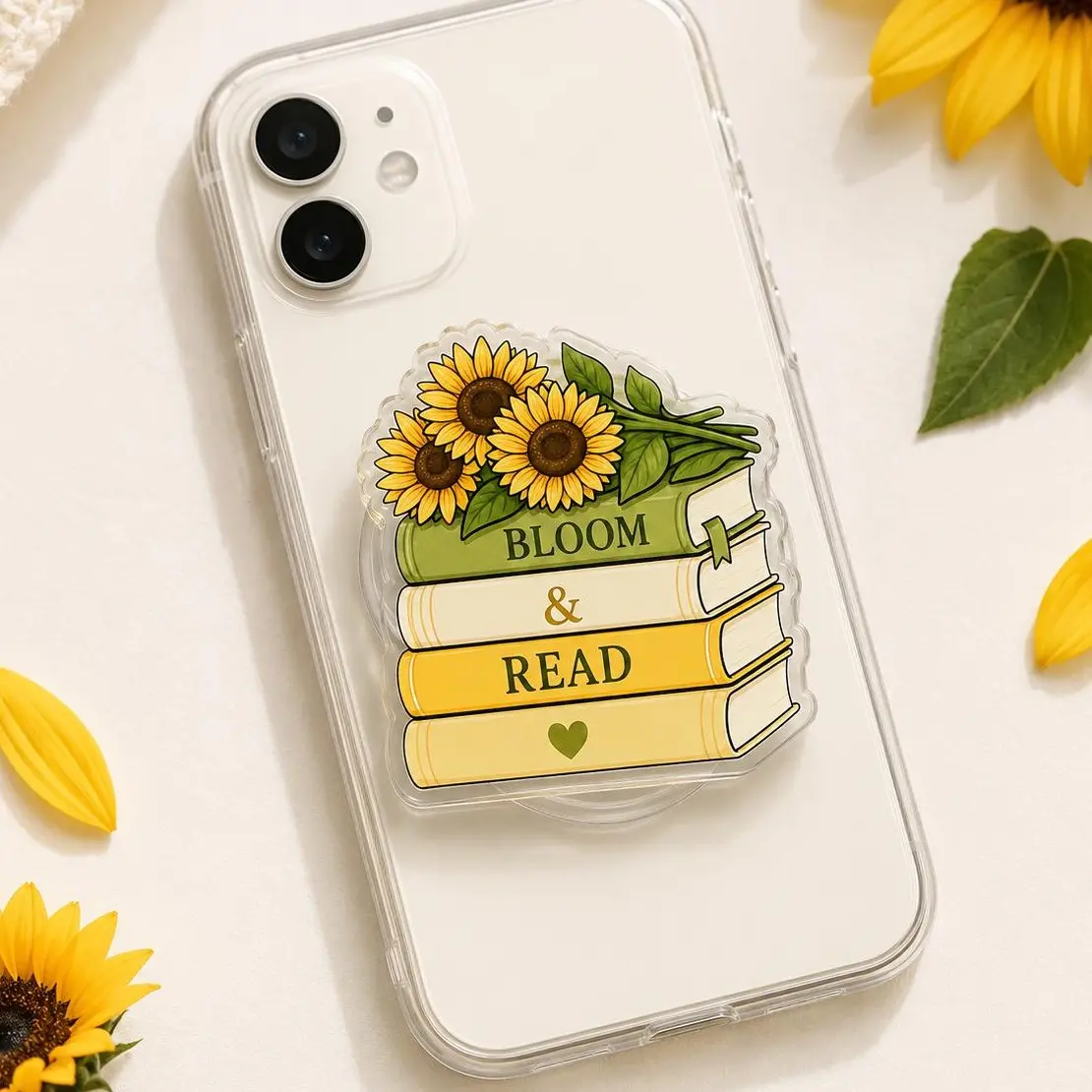 Sunflower Bloom & Read Magsafe Phone Grip - Yellow Green Book Stack Kindle Grip - Summer Reading Gift