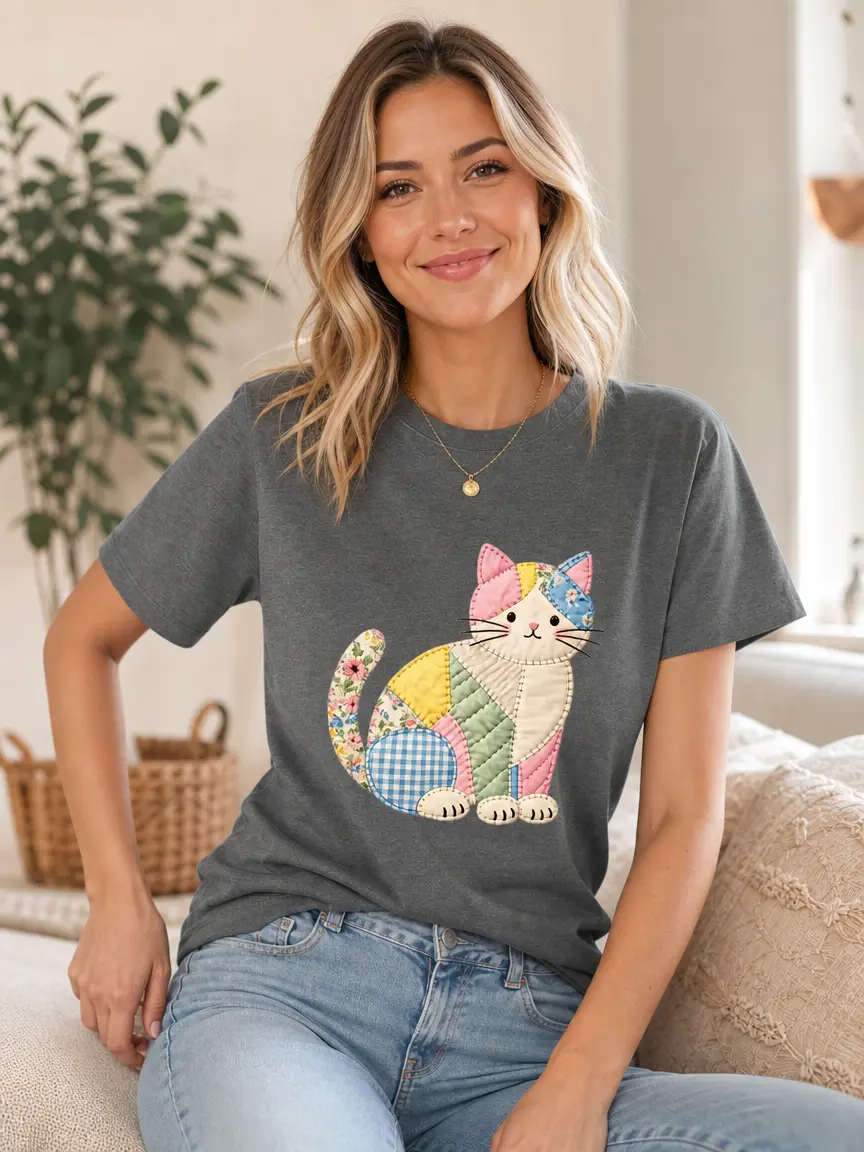 Women's Fitted Cut Short Sleeve Soft Cotton T-Shirt - Quilt Pattern, Colorful Floral Plaid, Cat Cartoon Graphic, Character Patch, Casual Comfy Clothes Everyday Tops