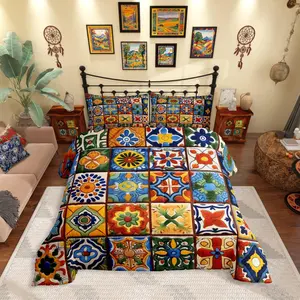 Mexican Talavera Tile Comforter Set,Exotic Ethnic Boho Style Bedding Set for Kids Adults Room Decor,Colorful Bohemian Quilt Bed Set