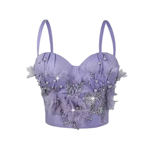 Handmade Beaded Flower Fishbone Corset Fashion Vintage Pearl Fishbone Top Outer Wear Camisole