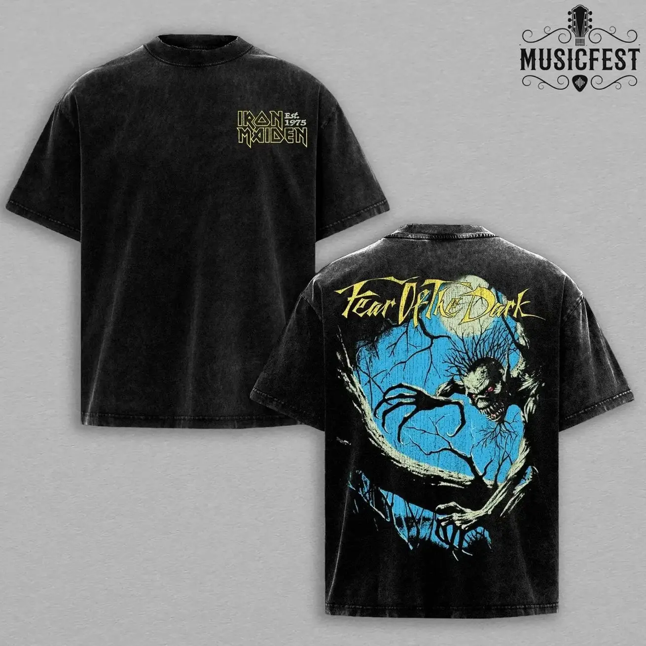 Vintage Iron Maiden Fear of the Dark Washed Tee, 1992 Heavy Metal Graphic Shirt, Menswear Gift for Music Fans, Oversized Heavyweight Cotton T-Shirt Featuring Epic Night Stalker Design N94