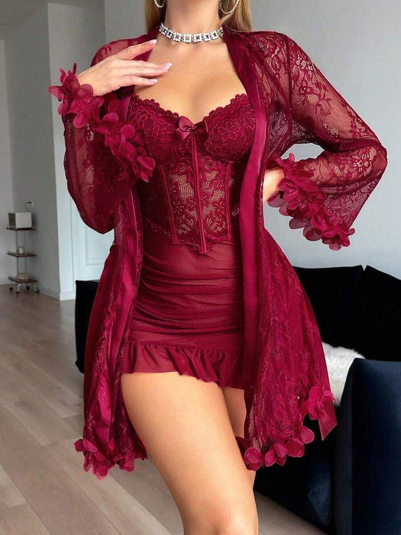 2 pcs Lingerie For Women Womens Lace Bodysuit Sexy Nighty Mesh Sleepwear V Neck Chemise Nightgowns