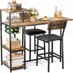 Dining Table Set for 2 3-Piece Expandable Bar Table and Chairs Set with Storage Shelves and Wine Rack Small Kitchen Dining Set for Living Room Apartment-A