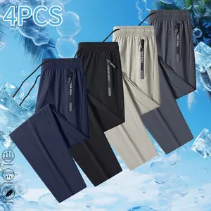 4PCS Men's Ice Silk Fiber Jogging Pants - Breathable and elastic sports pants with zipped pockets, suitable for running, fitness, outdoor activities, and running gear | Casual Sports Outfit | Holiday Gift