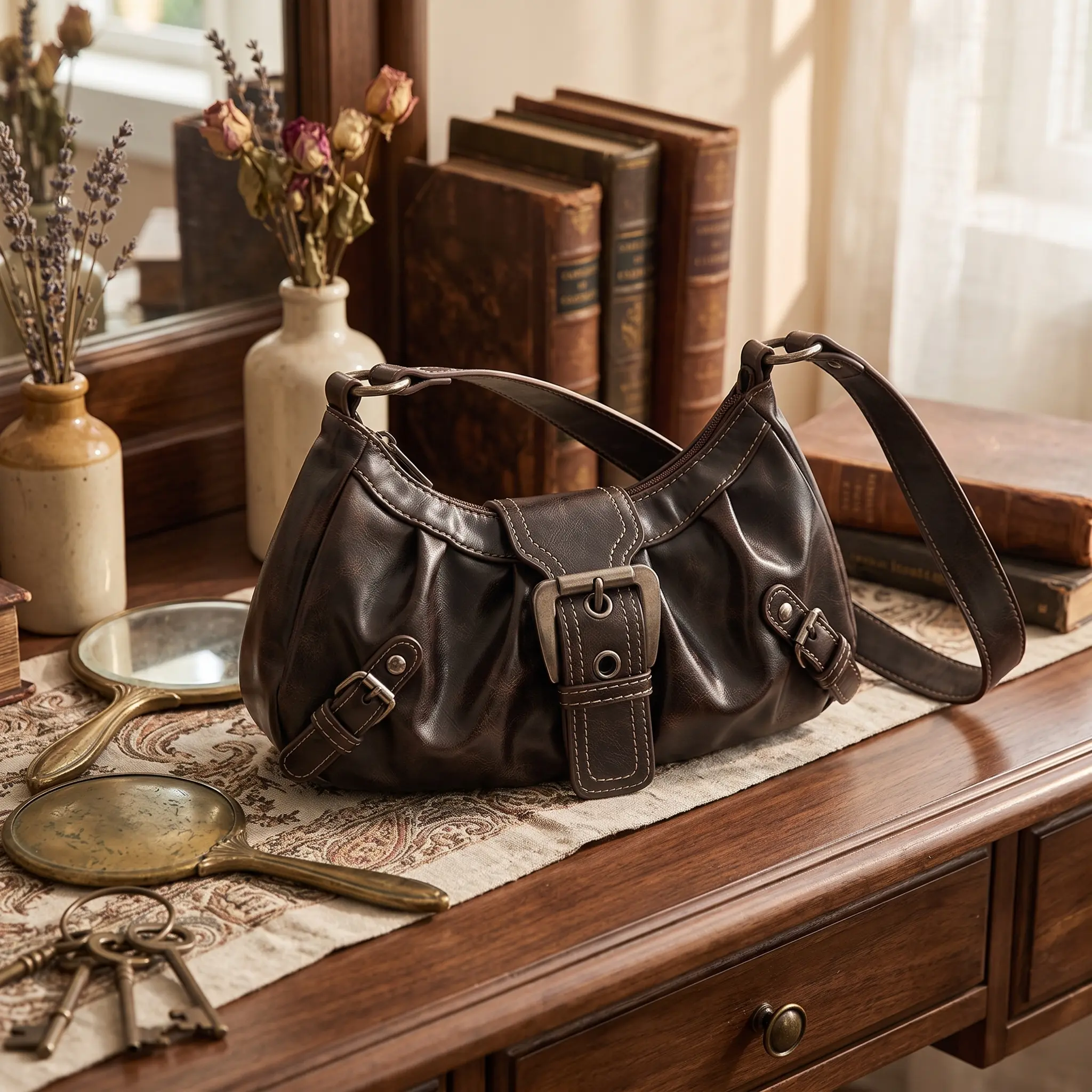 Vintage Y2K Style Ruched Shoulder Bag for Women, Distressed Faux Leather Underarm Purse with Statement Front Buckle, Retro Minimalist Hobo Handbag for Everyday Casual Wear, Trendy Aesthetic Accessory