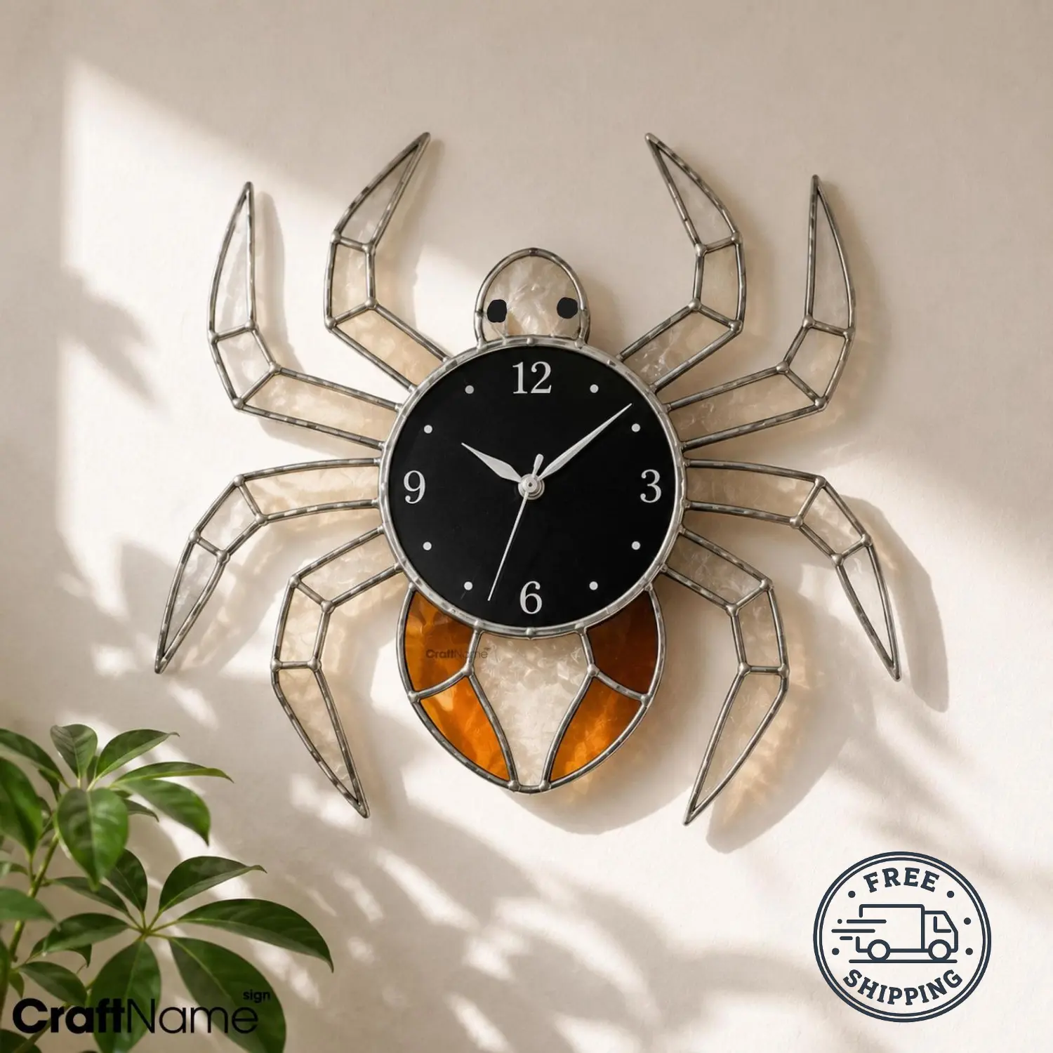 CraftNameSign Spider Stained Glass Wall Clock, Gothic Spider Wall Decor, Silent Nature Inspired Clock, Unique Halloween Home Accent, Living Room Decor, Spider Lover Gift, 10-14 Inches