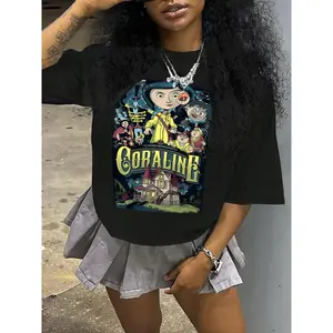 Women’s 180g Black Cotton Short Sleeve Crew Neck Graphic T-Shirt, Coraline Cartoon Print Tee, Comfortable Casual Top, Trendy Stylish Female Apparel, Movie-Inspired Clothing, Perfect for Fan Fashionistas, Versatile and Soft Everyday Wear