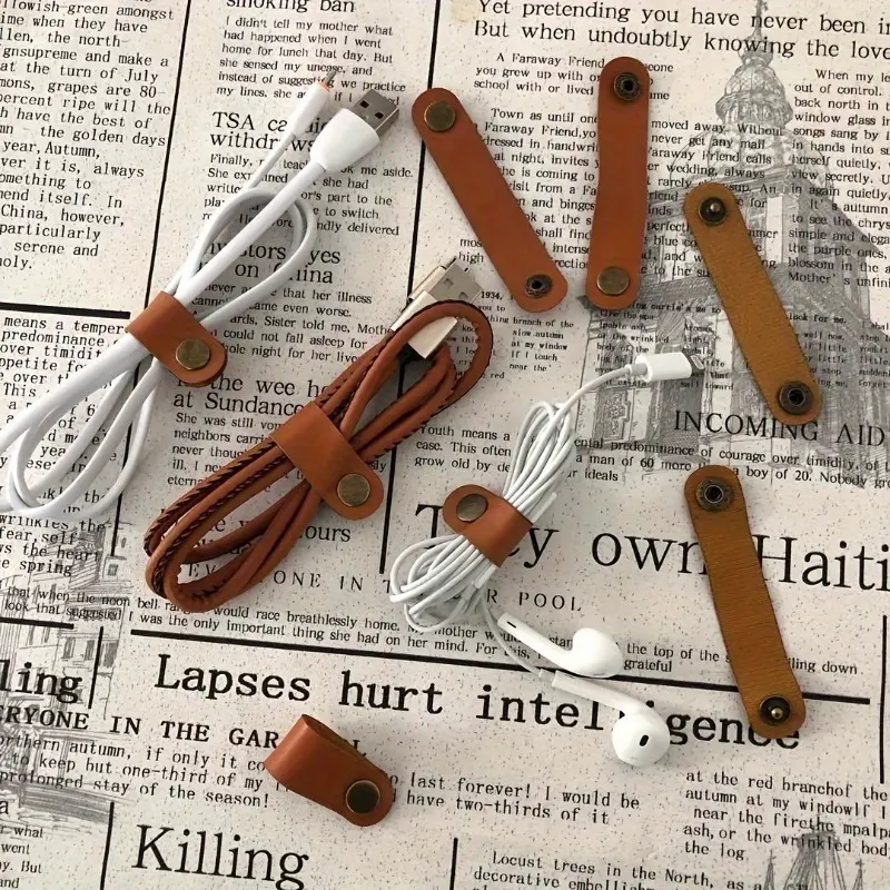 10pcs Faux Leather Wire Wrapper - Data Cable Tie and Earphone Wrap with Handmade Nail Knob - Storage Buckle